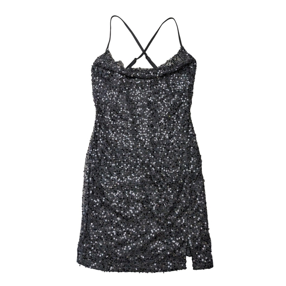 Madden Girl Sequin Mini Dress Cowl Neck Cross‎ Back Party Glam Black Size L NWT